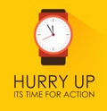 Hurry Up, Its Time for Action Concept. Stopwatch clock ticking on yellow background.