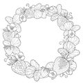 Vector round wreath with outline Strawberry, bunch, berry, flower and ornate leaf in black isolated on white background.