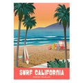 California beach surfing travel poster with sunset and palm trees.