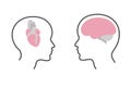 Silhouette of the head of a man and a woman. Brain and heart on a white background.