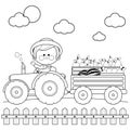 Farmer at the farm driving a tractor and carrying crates with fruit. Vector black and white coloring page.