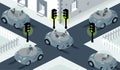 Illustration of self driving cars crossing on busy intersection, where lights are all set to green