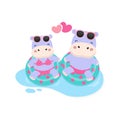 Happy summer holiday. Cute couple hippo wear bikini and swim ring cartoon. Royalty Free Stock Photo