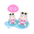 Hello summer cute Hippo were bikini and swim ring cartoon. Royalty Free Stock Photo