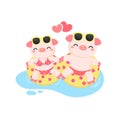 Cute couple pig were bikini and swim ring cartoon