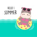 Hello summer holiday. Cute hippo wear bikini and swim ring cartoon. Royalty Free Stock Photo