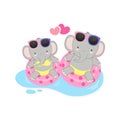 Happy summer holiday. Cute couple elephant wear bikini and swim ring cartoon. Royalty Free Stock Photo