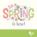 Spring doodle text design with birds, flowers and dots