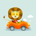 Cute lion riding an orange cabriolet at sunny day. Vector illustration