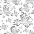 Fantastic fish - abstract aquatic animal. Black and white linear vector repeating pattern on a white background.