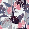 Pink line lily flowers with exotic blue monstera and bananas leaves, light background.