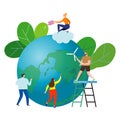 Small people prepare for the day of the Earth, save the planet, save the world, Earth day,ecology concept vector illustration Royalty Free Stock Photo