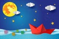 Origami Paper boat at night on blue sea ocean. Surreal seascape with full moon with clouds and star, paper art