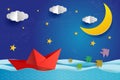 Origami Paper boat at night on blue sea ocean. Surreal seascape with full moon with clouds and star, paper art and digital craft s Royalty Free Stock Photo