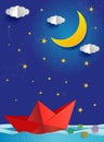 Origami Paper boat at night on blue sea ocean. Surreal seascape with full moon with clouds and star, paper art Royalty Free Stock Photo