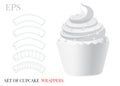 Set of cupcake templates, vector with die cut / laser cut lines. White, clear, blank, isolated cupcake mock up on white background