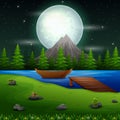 River scene on the full moon night with boat and bridge Royalty Free Stock Photo