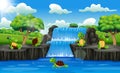 Group of turtle cartoon in waterfall scene