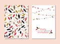 A set of greeting cards with colorful feathers, a garland and a bright emblem. For invitations, congratulations