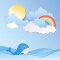 Sunny sky, rainbows and blue whale in the ocean paper art vector