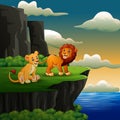 Lions cartoon roaring on the cliff background Royalty Free Stock Photo