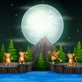 Happy monkeys in night landscape