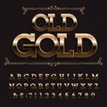 Old Gold alphabet font. Beveled messy letters and numbers on distressed background. Royalty Free Stock Photo