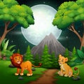 Lion cartoon roaring in the jungle background Royalty Free Stock Photo