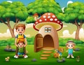 Happy family on the fantasy house of mushroom Royalty Free Stock Photo