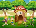 Happy school children on the fantasy house of mushroom Royalty Free Stock Photo