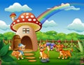 Fantasy house of mushroom with three cats Royalty Free Stock Photo