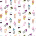 Seamless Pattern of many glass of juse, coffe, tee and other drinks.