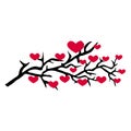 Branch Pattern With Red Hearts Isolated On White Background. Branch Vector Illustration