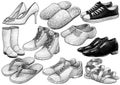 Shoes collection illustration, drawing, engraving, ink, line art, vector