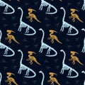 Dinosaur skeleton parasaurolophus, diplodocus and fossils. Vector seamless pattern. Royalty Free Stock Photo