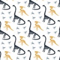 Dinosaur skeleton parasaurolophus, diplodocus and fossils. Vector seamless pattern. Royalty Free Stock Photo