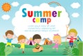 Kids summer camp education Template for advertising brochure, children doing activities on camping , poster flyer template Royalty Free Stock Photo