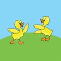 Little ducklings quarrel in the meadow. Illustration.