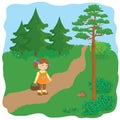 A little girl met a hedgehog in the forest. Illustration.