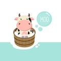 Cute baby cow in wood-tub. Animal cartoon character vector.