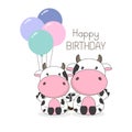 Birthday Greeting card Cute Cows with balloons