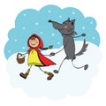 Little Red Riding Hood and Gray Wolf walk together. Illustration.