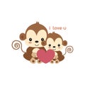 Valentines greeting card. Monkey boy and girl holding heart.