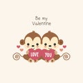 Valentines greeting card. Monkey boy and girl holding hearts.