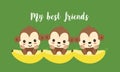 Best friends with cute monkeys. Happy jungle animal cartoon.