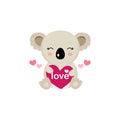 Happy Valentine`s Day greeting card with cute koala hold big heart.