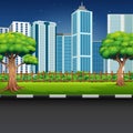 City park landscape with road and cityscape Royalty Free Stock Photo
