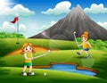 Cute girls playing golf in the court