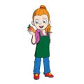 Cartoon girl farmer holding a mango