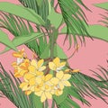 Tropical floral summer seamless pattern background with plumeria flowers with leaves and palms. Royalty Free Stock Photo